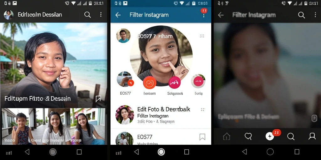 Tampilan antarmuka EOS77 dengan berbagai filter Instagram yang menarik.