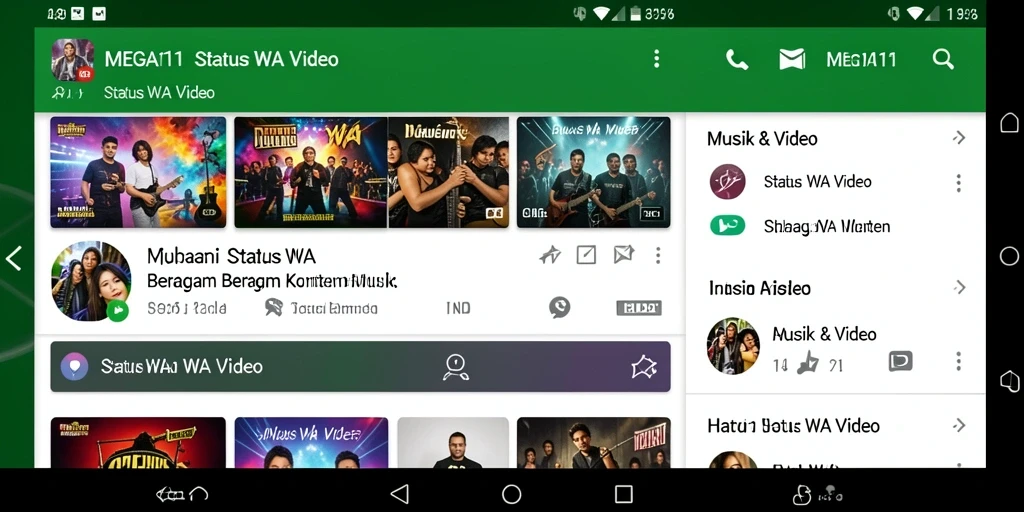 Antarmuka aplikasi MEGA111 dengan fitur Status WA Video yang menarik.