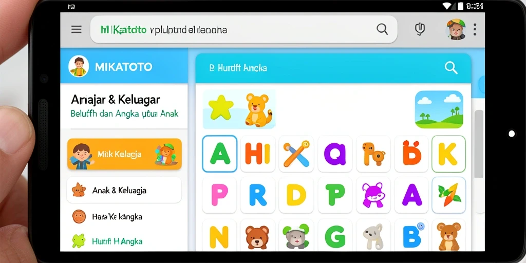 Antarmuka MIKATOTO yang menarik dan ramah anak untuk belajar huruf dan angka.