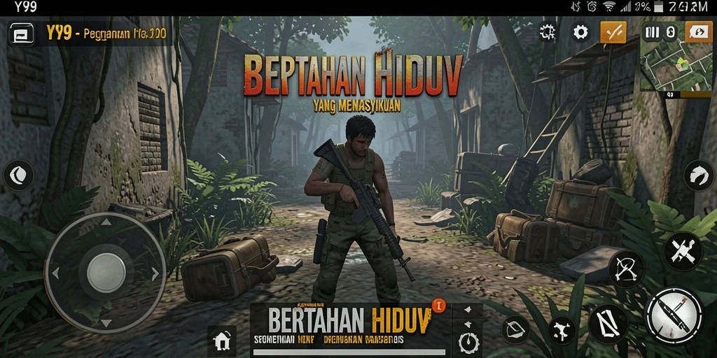 Antarmuka permainan Y89 dengan berbagai fungsi Bertahan Hidup.